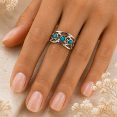 925 Sterling Silver Turquoise Stone Ring for Women | Triple Stone Wide Band Jewelry