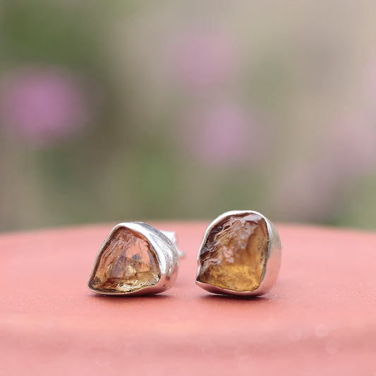 925 Sterling Silver Citrine Stud Earrings for Women | Handcrafted uncut citrine Gemstone Push Back Eartops | Daily & Festive Wear
