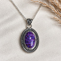 925 Silver Handmade Purple Turquoise Oval Gemstone Pendant with Oxidised Beaded Design