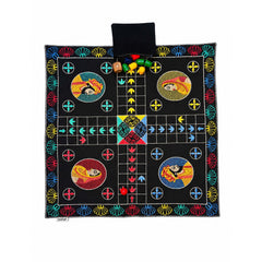 Board Game "LUDO" King & Queen Embroidered Cotton Fabric Mat with Colourful Wooden Playing Coins, Dice and Zip Pouch, Traditional Four Player Game