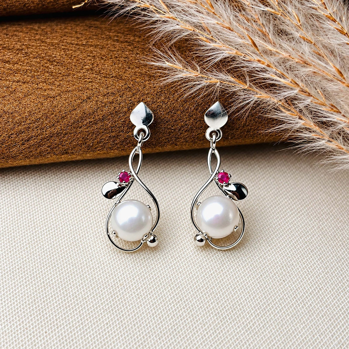 925 Silver Pearl & Ruby Gemstone Earring Round Cabochon in Prong Setting with Curved Drop Design