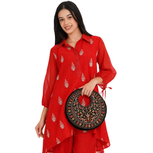 Black Suede Floral Embroidered Round Handbag, Hand Purse, Clutches with Thread Work for Women & Girls