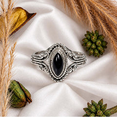 925 Silver Ring Black Onyx Oval Gemstone Cabochon Bezel Setting