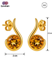 925 Sterling Silver Citrine Gemstone Stud Earrings for Women, Yellow Stone Curved Design Jewellery