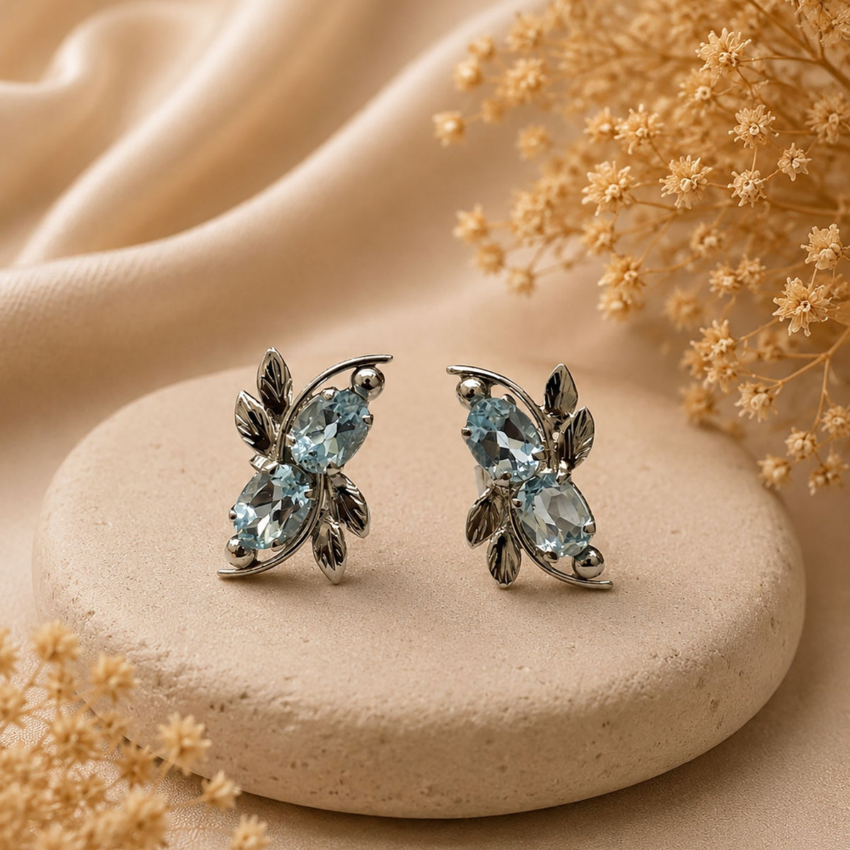 FUSIONARI 925 Sterling Silver Blue Topaz Gemstone Leaf Stone Stud Earrings