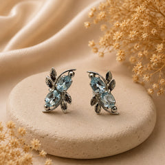 FUSIONARI 925 Sterling Silver Blue Topaz Gemstone Leaf Stone Stud Earrings