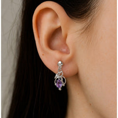 925 Sterling Silver Amethyst Gemstone Dangle Drop Floral Design Lightweight Earrings