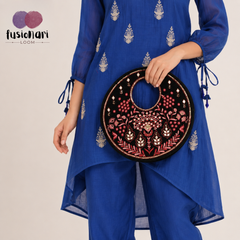 Traditional Black Suede Round Handbag with Floral Embroidery, Gota Patti & Sequin Work