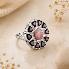 925 Sterling Silver Multi Garnet Flower Ring for Women with Oval Center Stone and Faceted Petal Gemstones
