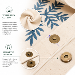 Handmade White Flex Cotton Tote Bag with Leaf Embroidery Shoulder Bag