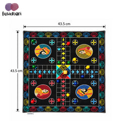 Board Game "LUDO" King & Queen Embroidered Cotton Fabric Mat with Colourful Wooden Playing Coins, Dice and Zip Pouch, Traditional Four Player Game