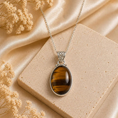 925 Sterling Silver Golden Brown Tiger Eye Oval Gemstone Pendant
