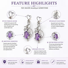 925 Sterling Silver Amethyst Gemstone Dangle Drop Floral Design Lightweight Earrings