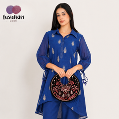 Traditional Black Suede Round Handbag with Floral Embroidery, Gota Patti & Sequin Work