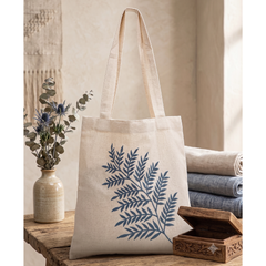 Handmade White Flex Cotton Tote Bag with Leaf Embroidery Shoulder Bag