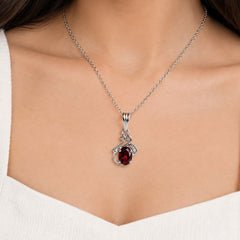 925 Silver Handmade Garnet Oval Gemstone Pendant with Curved Leaf Design