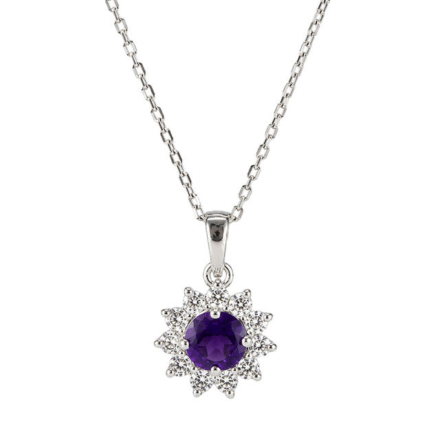 925 Sterling Silver Amethyst Gemstone Sunburst Flower Design Pendant