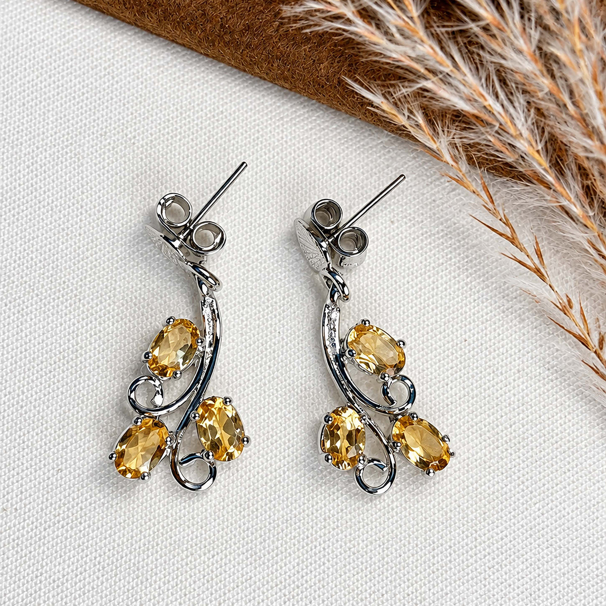 Mridula - Citrine Silver Leaf Earrings