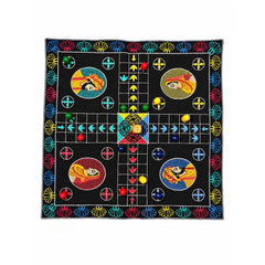 Board Game "LUDO" King & Queen Embroidered Cotton Fabric Mat with Colourful Wooden Playing Coins, Dice and Zip Pouch, Traditional Four Player Game