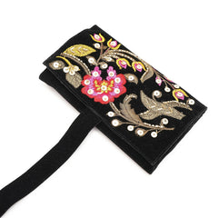 Handmade Embroidered Jewelry Storage Roll, Black Suede Fabric with Bugle Beads and Sequin