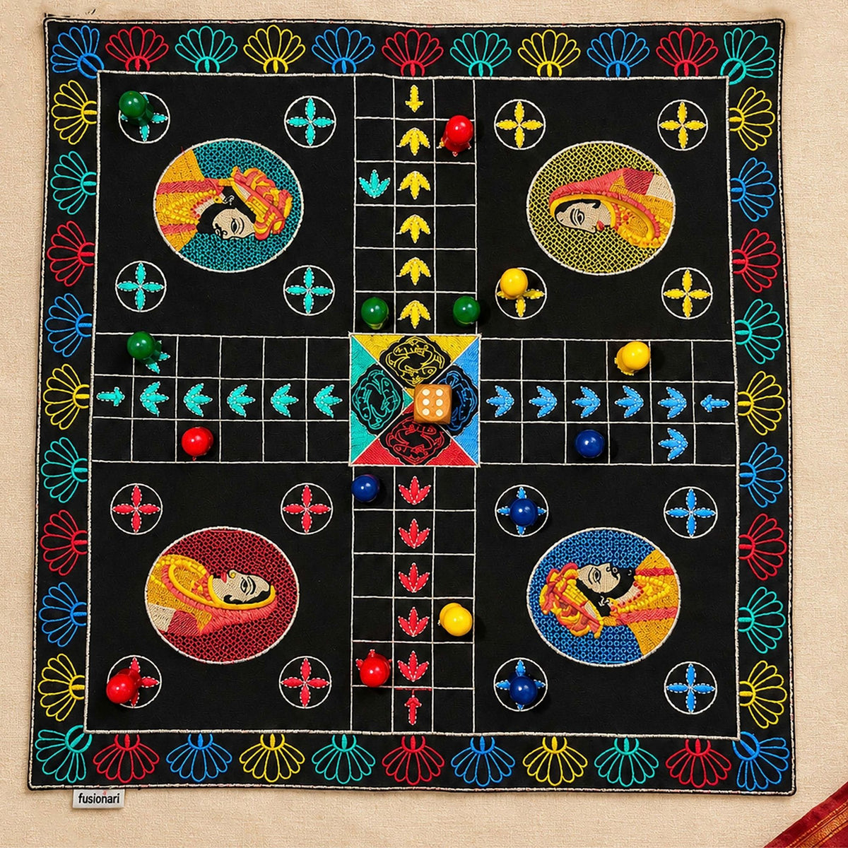 Board Game "LUDO" King & Queen Embroidered Cotton Fabric Mat with Colourful Wooden Playing Coins, Dice and Zip Pouch, Traditional Four Player Game