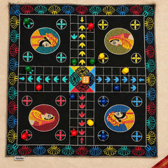 Board Game "LUDO" King & Queen Embroidered Cotton Fabric Mat with Colourful Wooden Playing Coins, Dice and Zip Pouch, Traditional Four Player Game