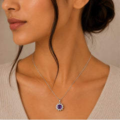925 Sterling Silver Amethyst Gemstone Sunburst Flower Design Pendant