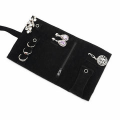 Handmade Embroidered Jewelry Storage Roll, Black Suede Fabric with Bugle Beads and Sequin