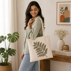 Handmade White Flex Cotton Tote Bag with Leaf Embroidery Shoulder Bag