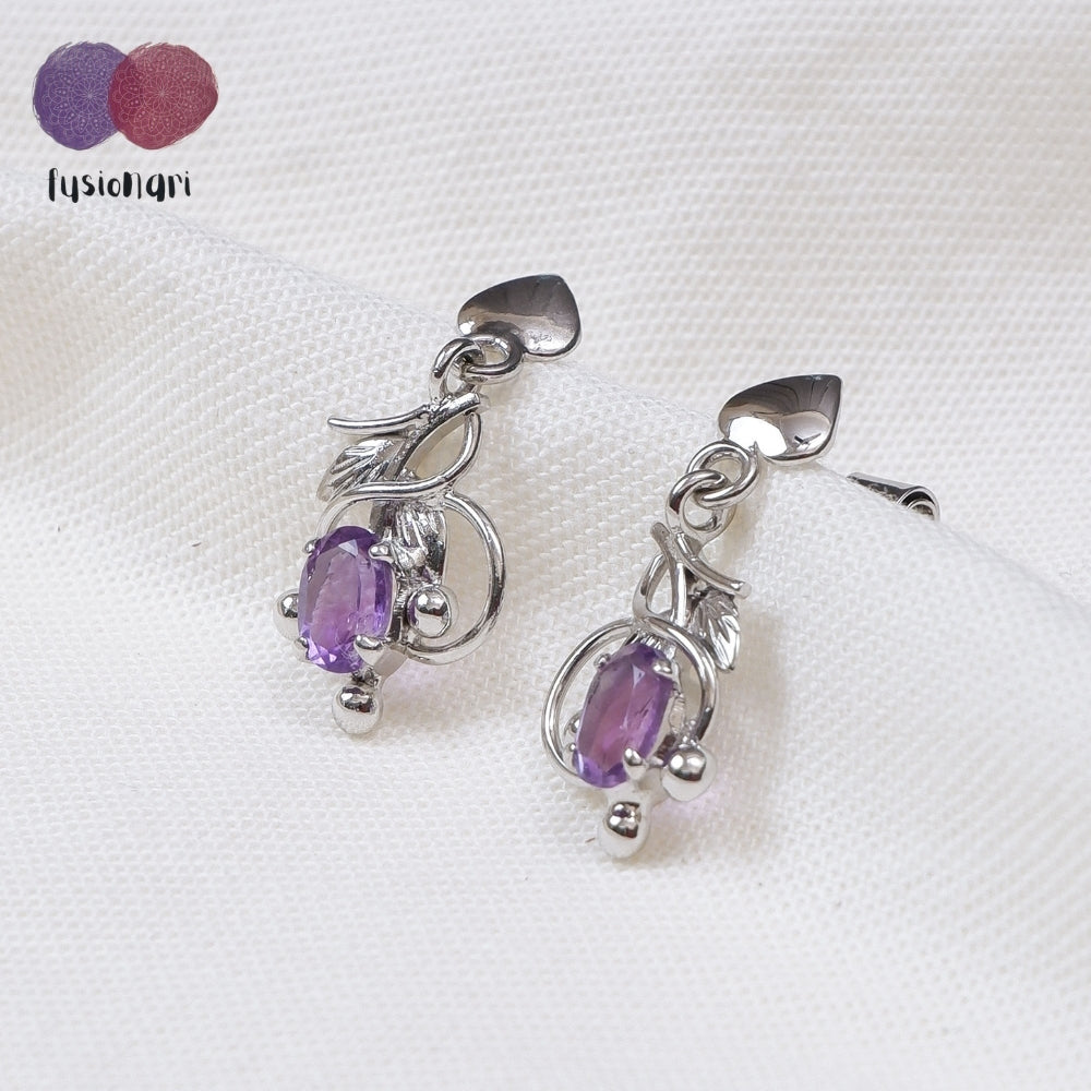 925 Sterling Silver Amethyst Gemstone Dangle Drop Floral Design Lightweight Earrings