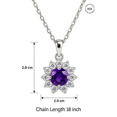 925 Sterling Silver Amethyst Gemstone Sunburst Flower Design Pendant
