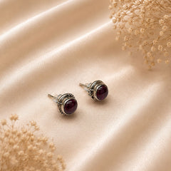 FUSIONARI 925 Sterling Silver Garnet Gemstone Round Red Stone Stud Earrings