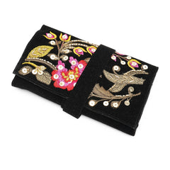 Handmade Embroidered Jewelry Storage Roll, Black Suede Fabric with Bugle Beads and Sequin