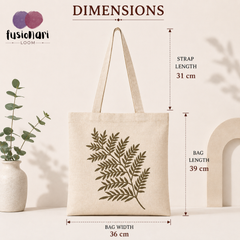 Handmade White Flex Cotton Tote Bag with Leaf Embroidery Shoulder Bag