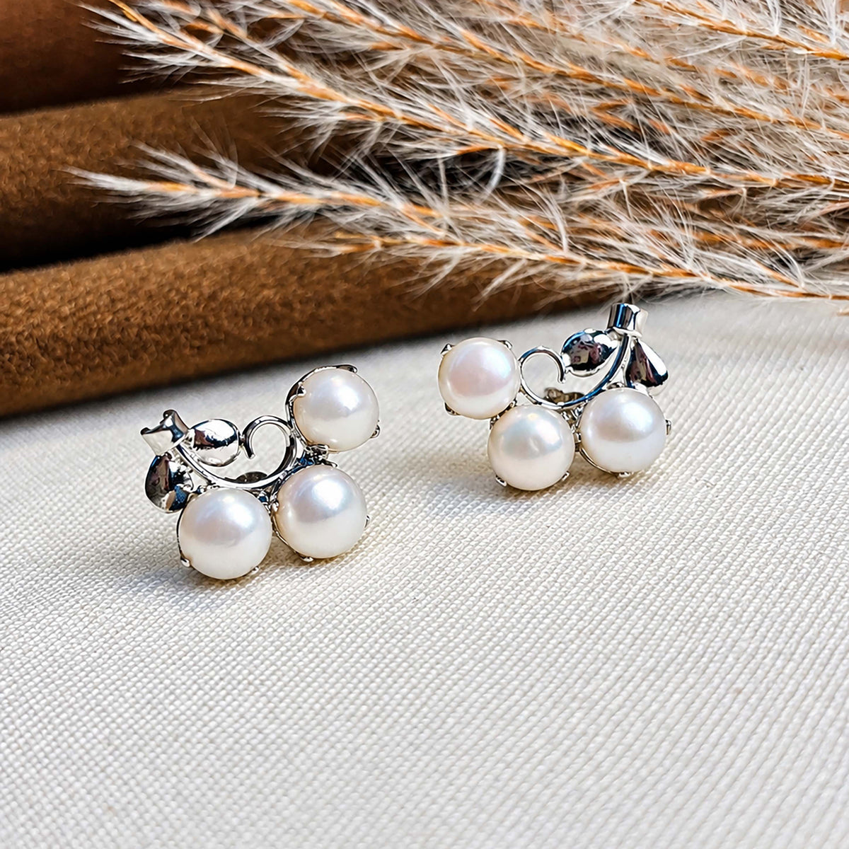 Mogra - Pearl Silver Flower Stud Earrings