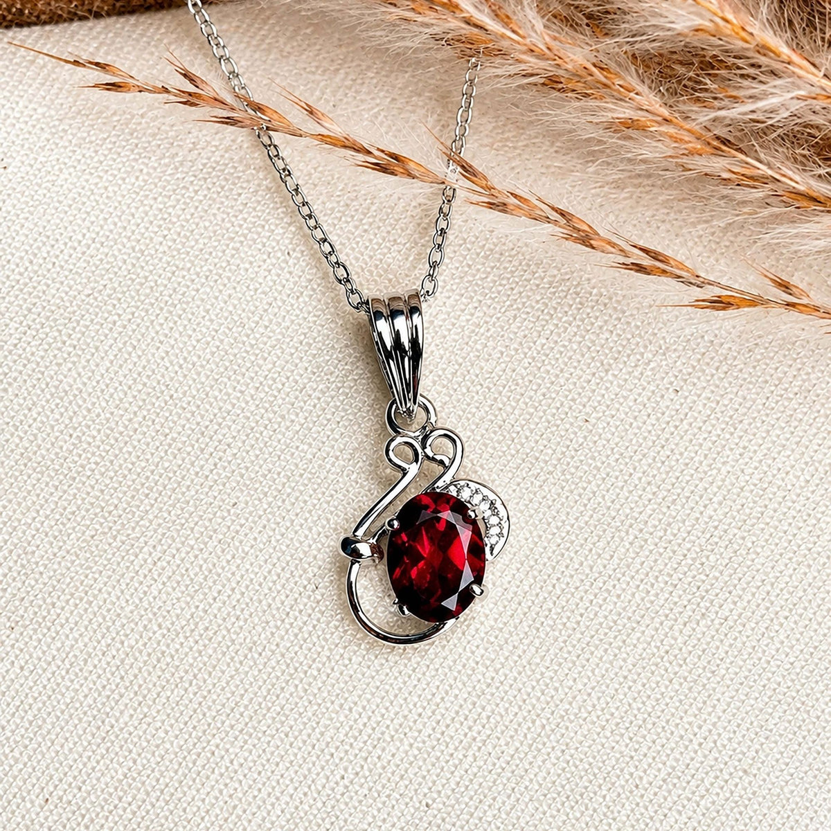 925 Silver Handmade Garnet Oval Gemstone Pendant with Curved Leaf Design