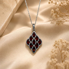 925 Sterling Silver Garnet Oval Pendant Faceted Red Gemstones Cluster Design