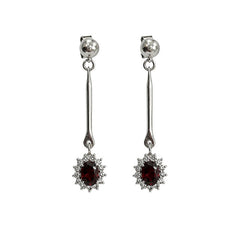 925 Sterling Silver Garnet Gemstone Long Drop Earrings with Floral Design