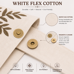 Handmade White Flex Cotton Tote Bag with Leaf Embroidery Shoulder Bag