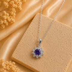 925 Sterling Silver Amethyst Gemstone Sunburst Flower Design Pendant