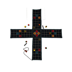 Ancient Traditional Board game "CHAUPAD" also called chausar with embroidery on cotton fabric with playing dices & wooden coins in a pouch