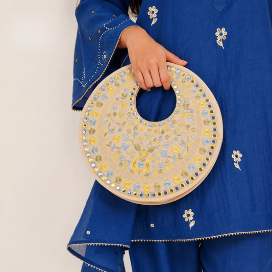 Beige Suede Floral Embroidered Round Handbag, Hand Purse, Clutches with Patra Mirror Work for Women & Girls
