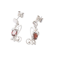 925 Sterling Silver Garnet gemstone Dangle Drop Floral Design Lightweight Earrings
