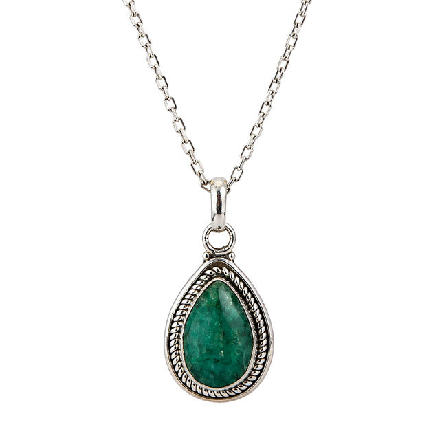 925 Sterling Silver Green Emerald Gemstone Pear Shape Pendant