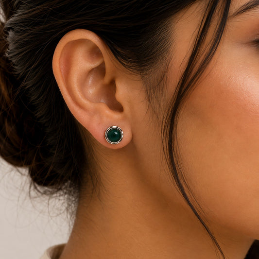 925 Sterling Silver Green Onyx Gemstone Round Eartops Handmade Jewelry Stud Design