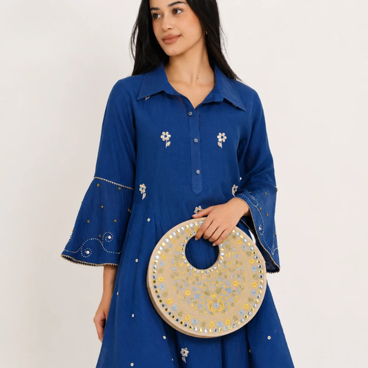 Beige Suede Floral Embroidered Round Handbag, Hand Purse, Clutches with Patra Mirror Work for Women & Girls