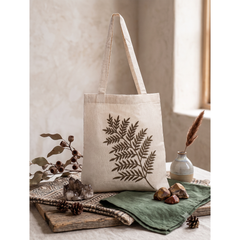 Handmade White Flex Cotton Tote Bag with Leaf Embroidery Shoulder Bag