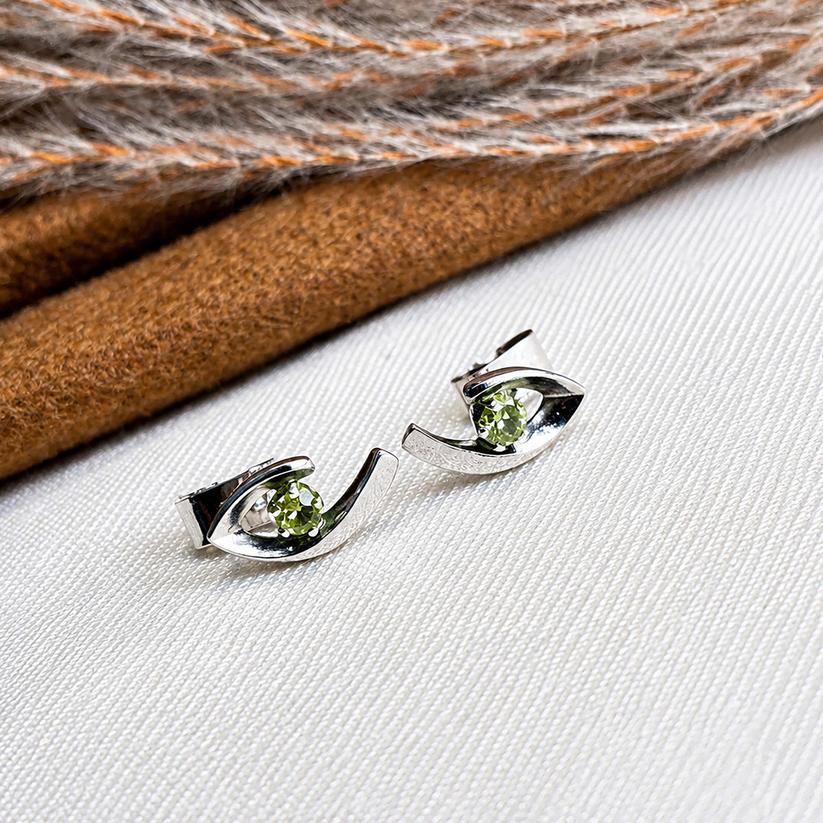 Tulsara - Peridot Silver Leaf Stud Earrings