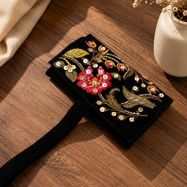Handmade Embroidered Jewelry Storage Roll, Black Suede Fabric with Bugle Beads and Sequin