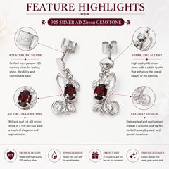 925 Sterling Silver Garnet gemstone Dangle Drop Floral Design Lightweight Earrings